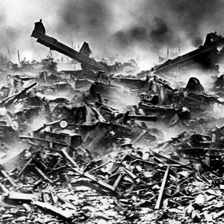 Monochrome image of war-torn landscape with rubble and destroyed buildings