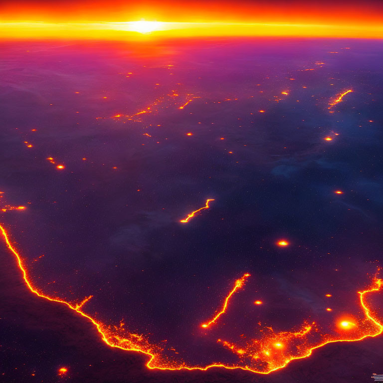 Aerial view of molten lava flows and glowing spots in dark landscape