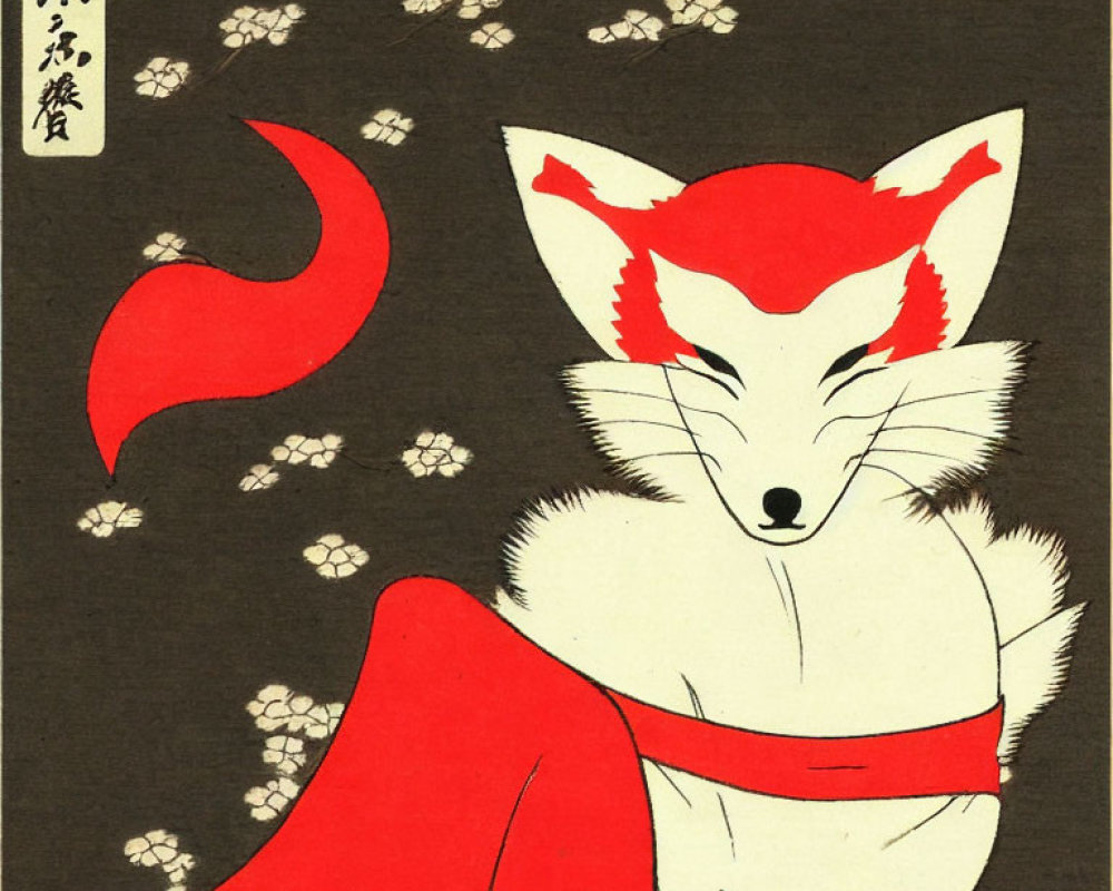 Red and White Fox with Cherry Blossoms and Japanese Text