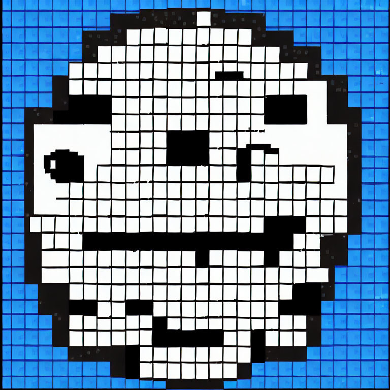 Monochrome Smiling Character Pixel Art on Blue Grid Background