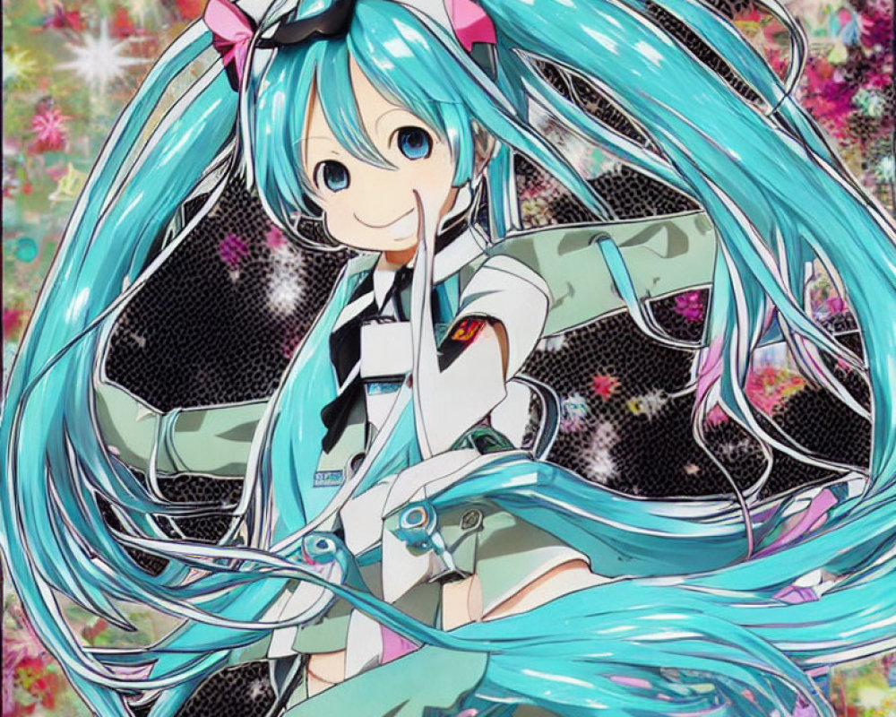 Turquoise Twintailed Animated Character in Futuristic Outfit Smiling on Sparkly Background