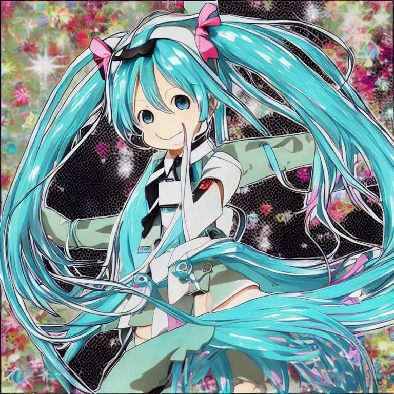 Turquoise Twintailed Animated Character in Futuristic Outfit Smiling on Sparkly Background