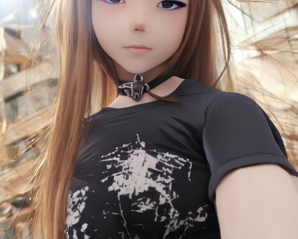 Realistic doll with long hair and blue eyes in black shirt against urban backdrop