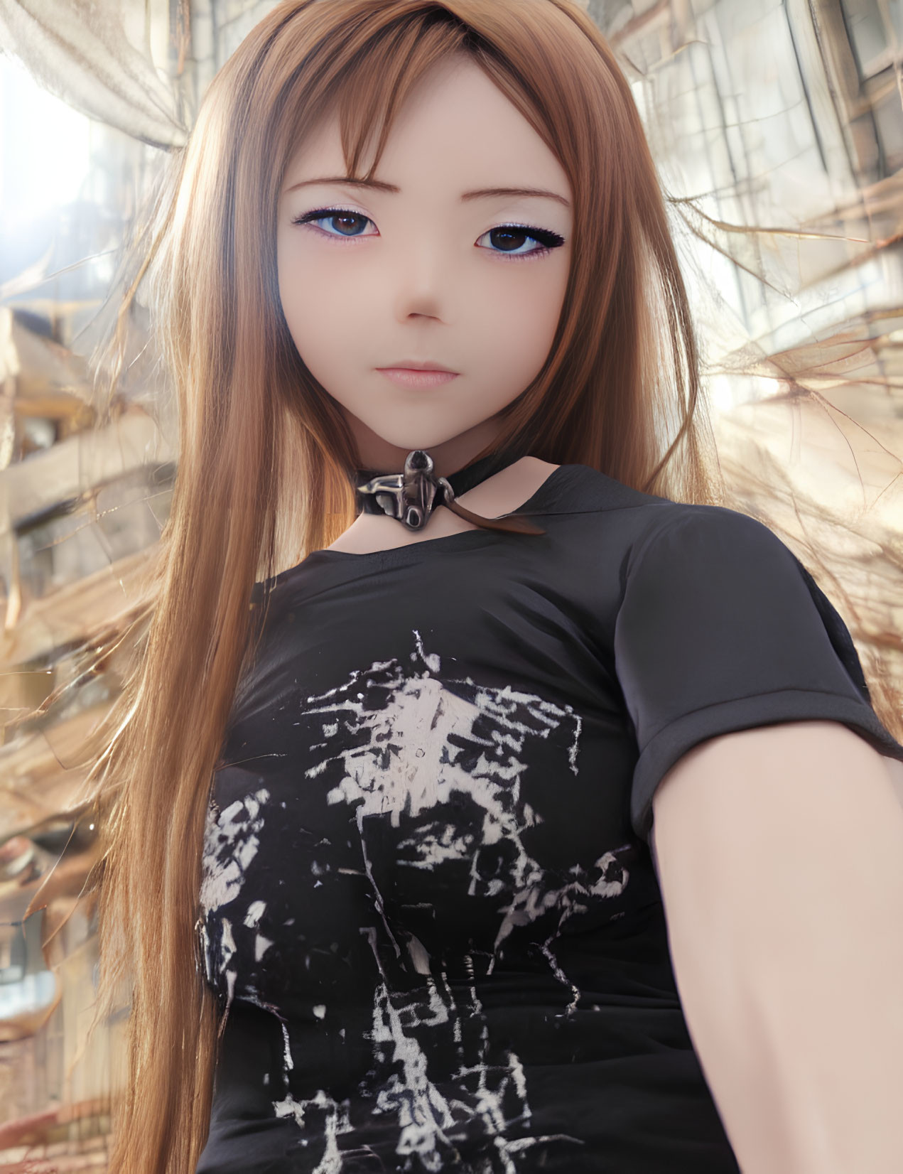 Realistic doll with long hair and blue eyes in black shirt against urban backdrop