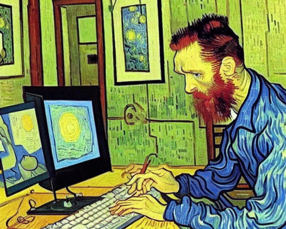 Illustration of bearded man on computer in green-toned room