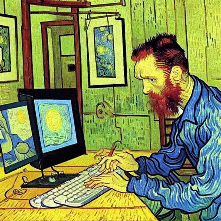 Illustration of bearded man on computer in green-toned room