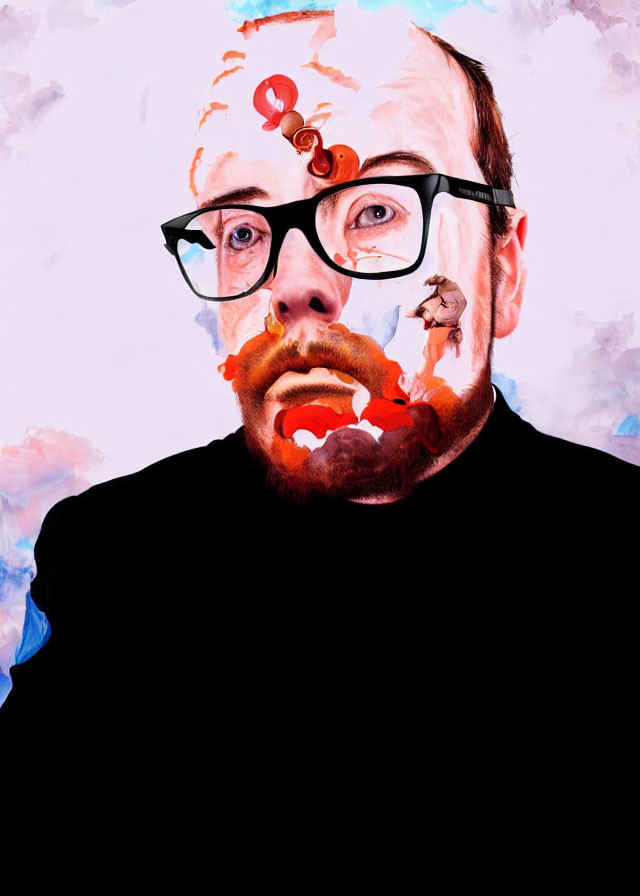 Man in Black with Colorful Paint on Face and Glasses Shows Surprised Expression