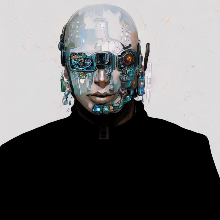 Detailed Cybernetic Humanoid Robot Portrait in Black Attire