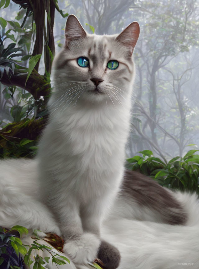 White Cat with Blue Eyes in Misty Forest Setting