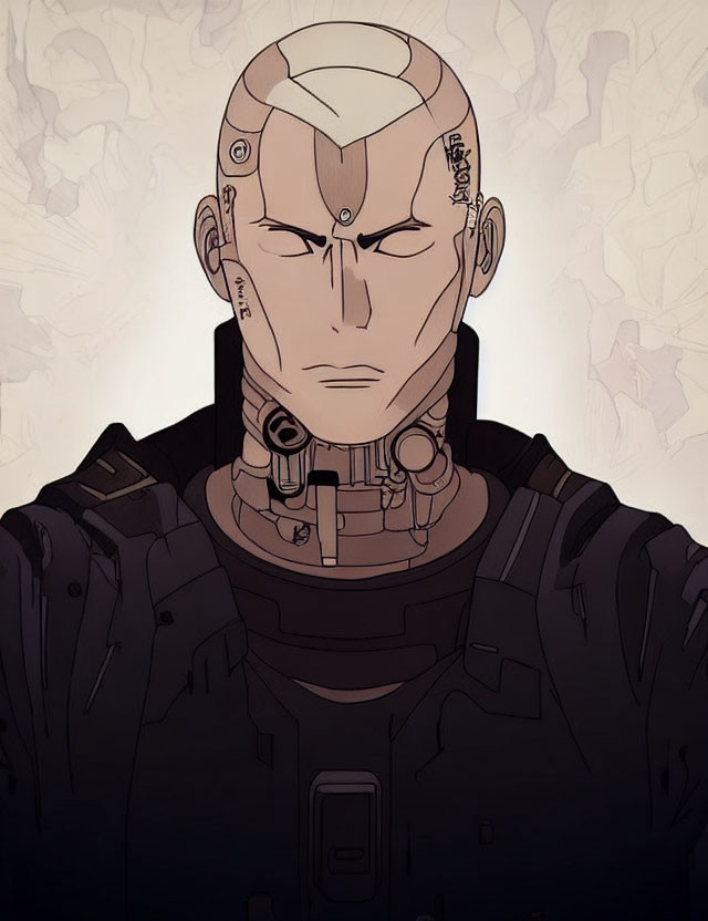 Illustration of bald character with cybernetic eye and mechanical parts, in black outfit