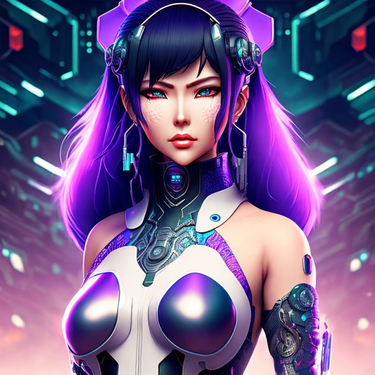 Purple-haired female character with glowing eyes and cybernetic enhancements in neon-lit sci-fi setting