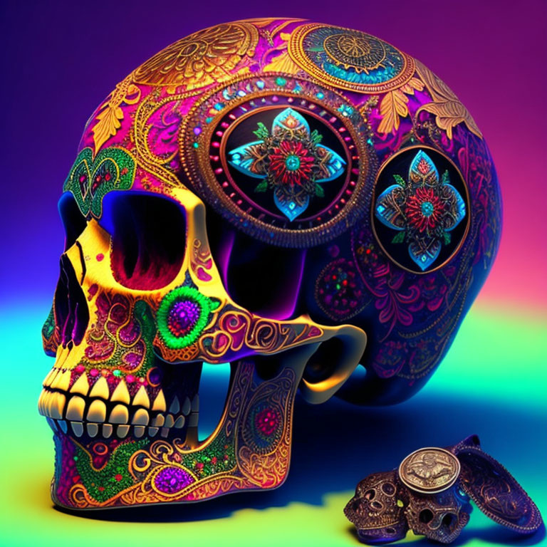 Colorful Mandala Skull Art on Gradient Background