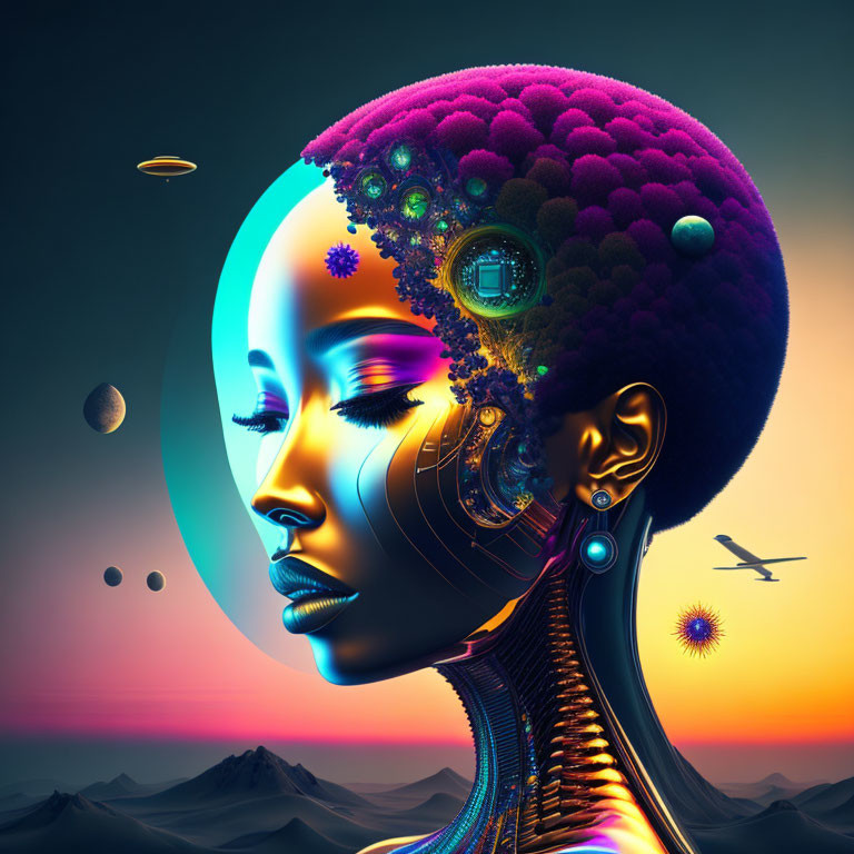 Surreal portrait of woman with organic and mechanical fusion in space-themed setting