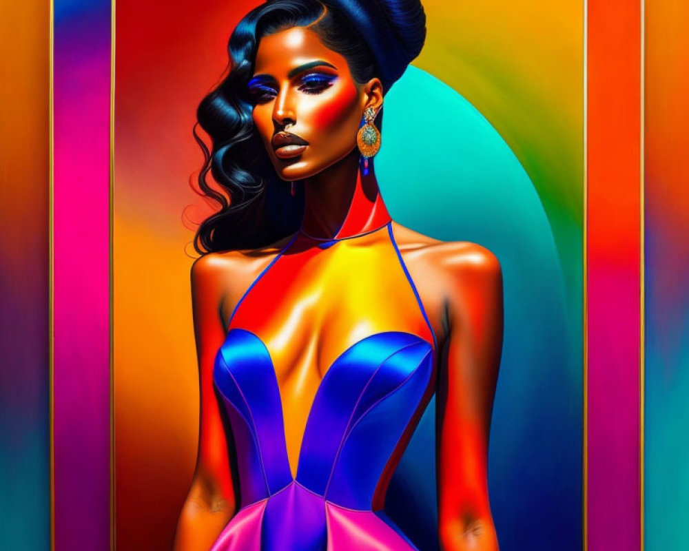 Colorful digital artwork of woman with bold makeup and vibrant dress on abstract background