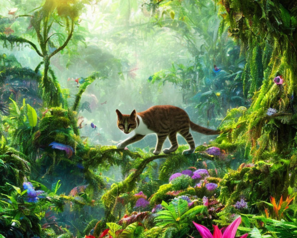 Cat on moss-covered branch in vibrant forest with sunbeams, flowers, butterflies