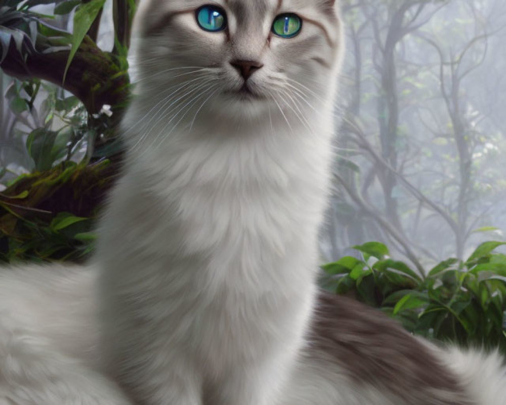 White Cat with Blue Eyes in Misty Forest Setting