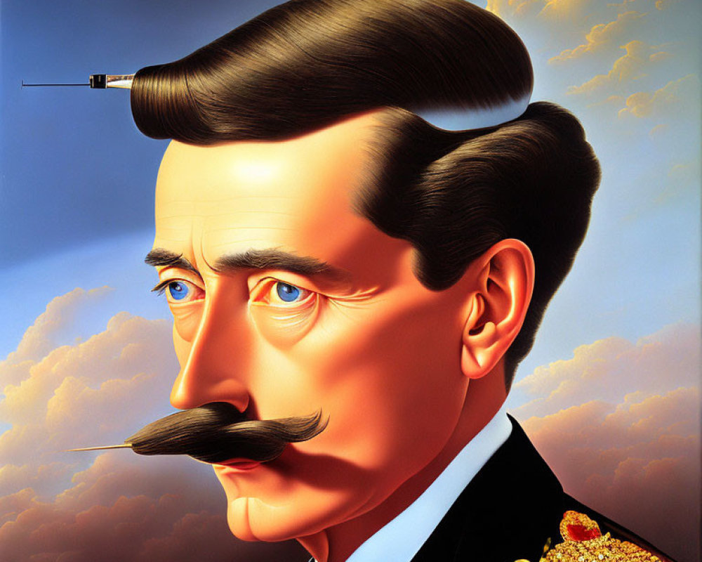 Detailed Hyperrealistic Illustration of Man in Military Uniform with Mustache and Airplane Background