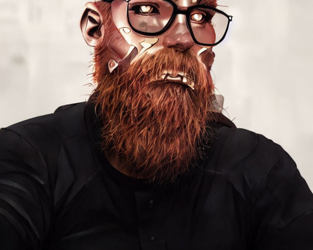 Man with Red Beard, Glasses, and Cybernetic Enhancements in Black Shirt