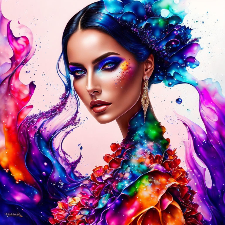 Colorful artwork of woman with blue eyes and floral draped shoulders