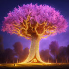 Majestic tree with fairy lights and purple lighting against dusky sky, showcasing small door and slide