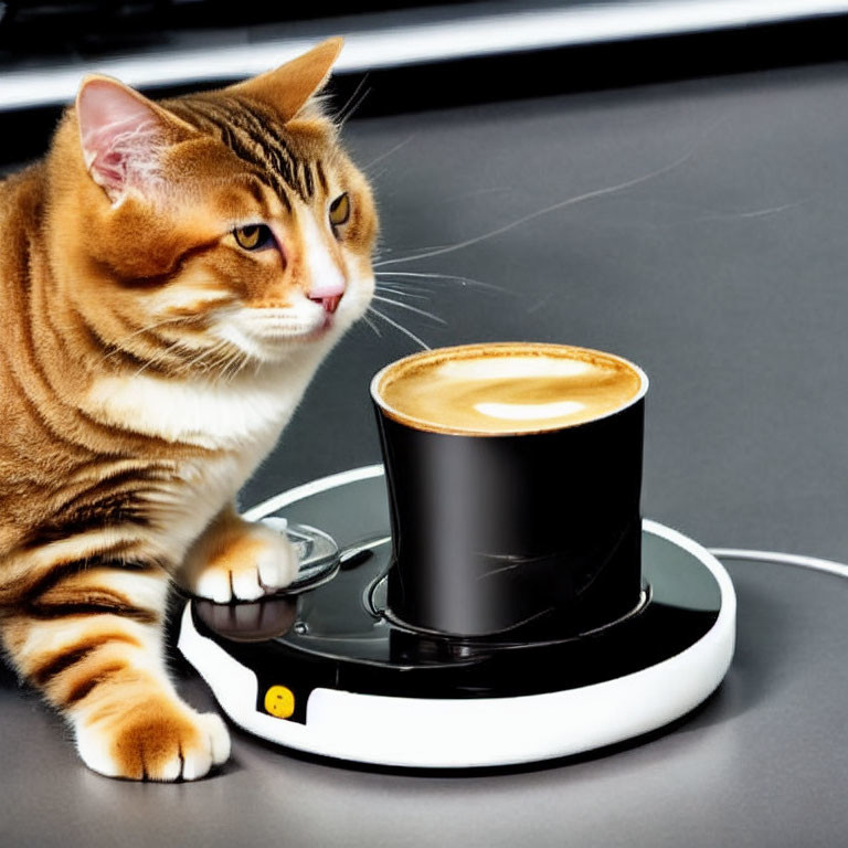 Striped cat sniffing coffee cup on robotic vacuum cleaner