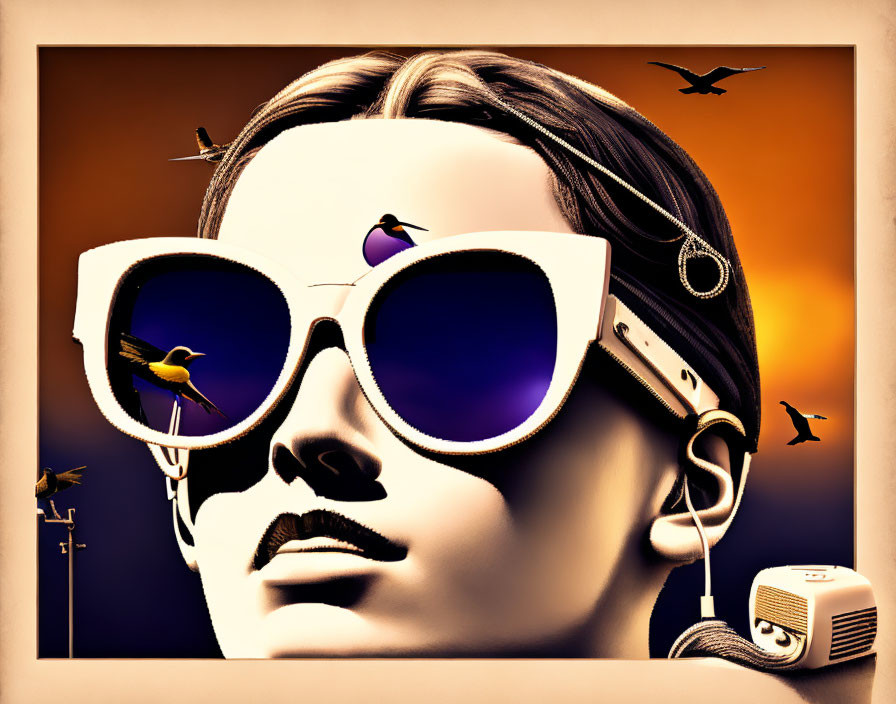 Portrait of a person with sunglasses and headphones, reflecting birds and sunset against amber sky