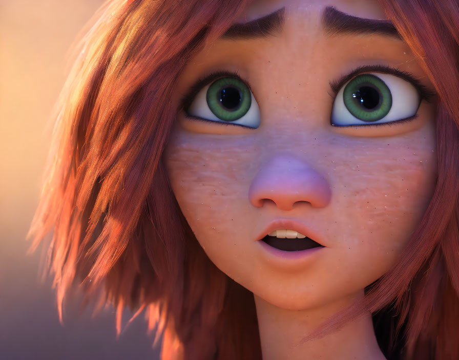 Surprised animated female character with green eyes and freckles