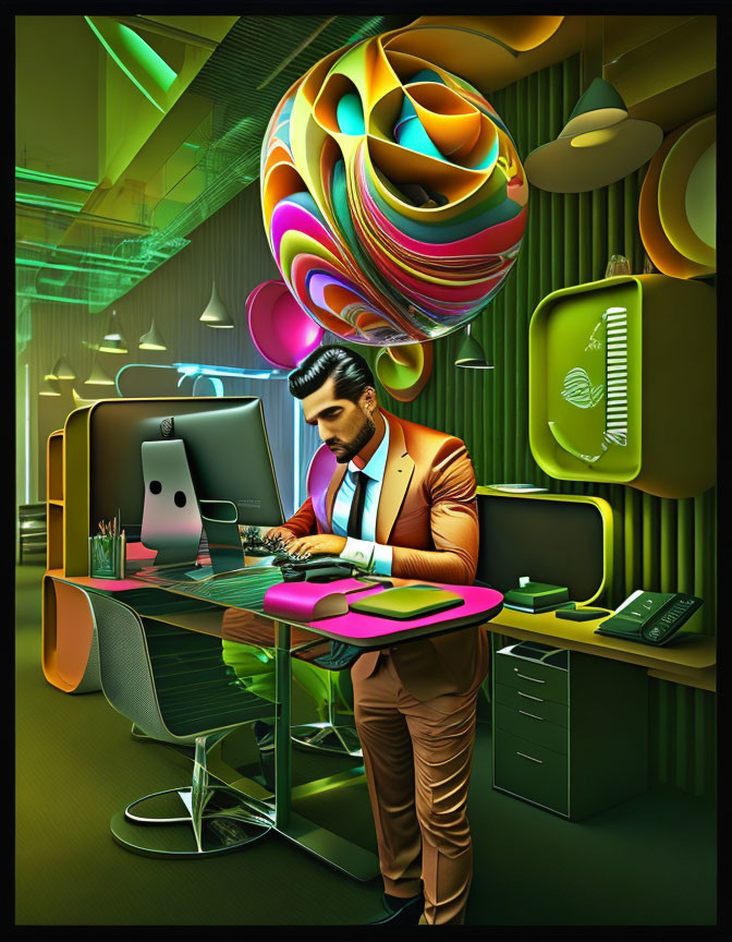 Man working at futuristic desk with vibrant art and neon decor