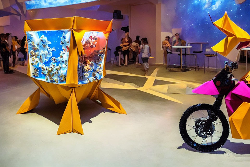 Vibrant exhibit with cubical aquarium, origami sculptures, and electronic contraption