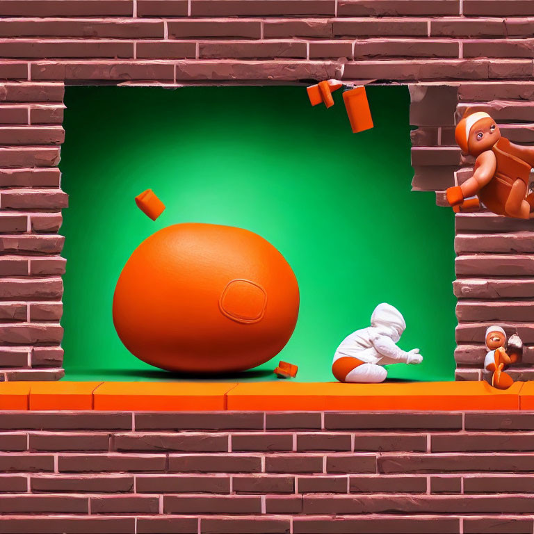 Stylized orange figures in brick-framed scene with large ball