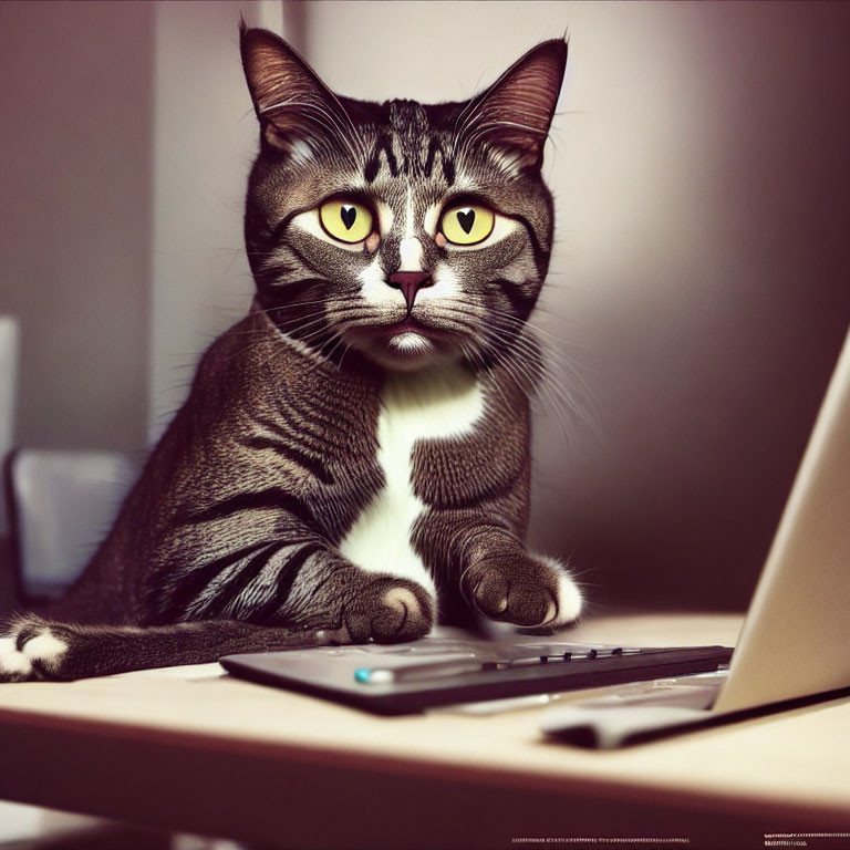 Tabby Cat with Yellow Eyes Sitting Behind Laptop and Keyboard