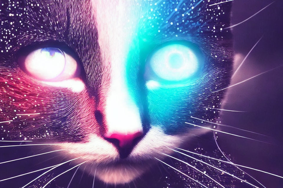 Close-up Digital Artwork: Cat with Cosmic Texture and Blue Eyes