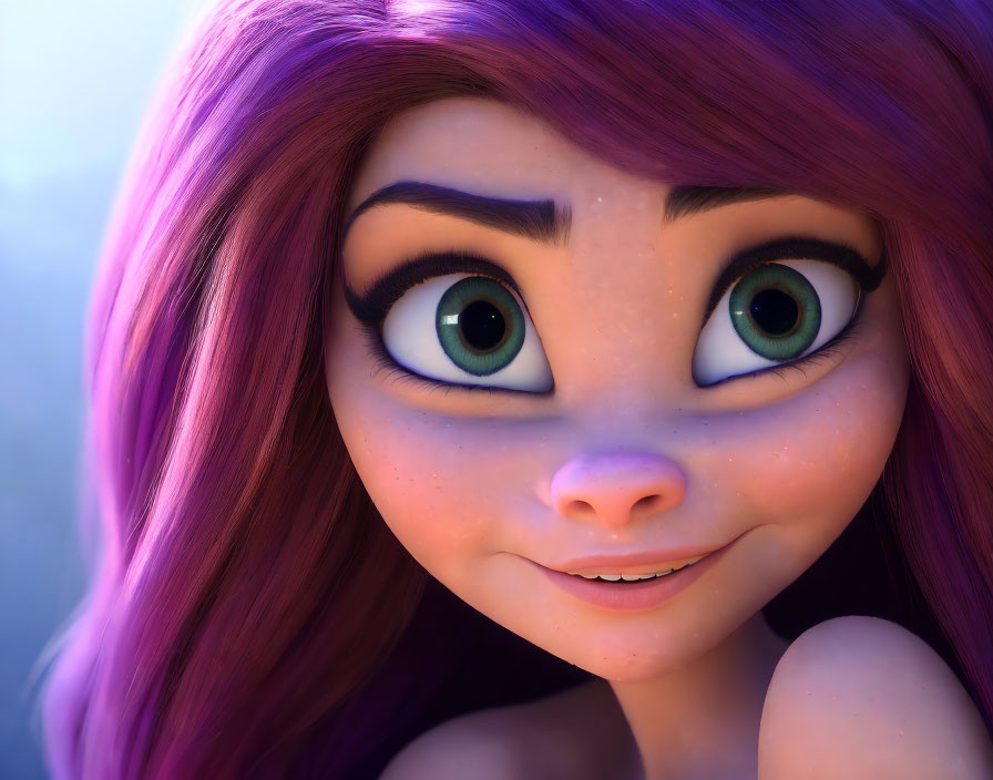 Close-up of 3D character: Purple hair, large green eyes