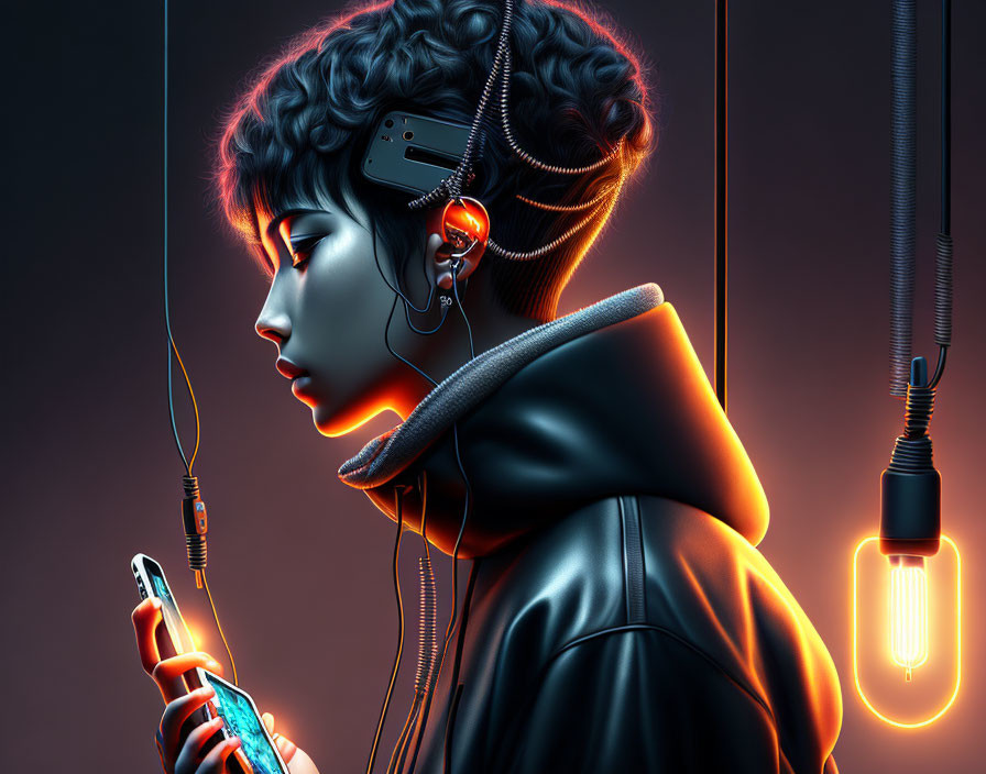 Stylized woman with headphones in neon-lit setting