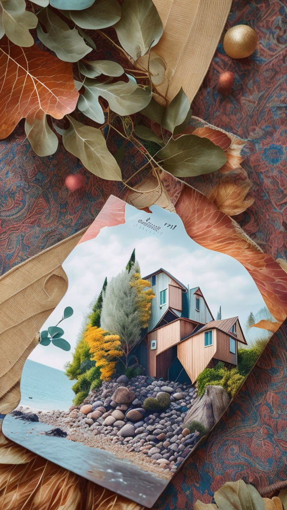 Autumn lakeside house postcard with decorative elements