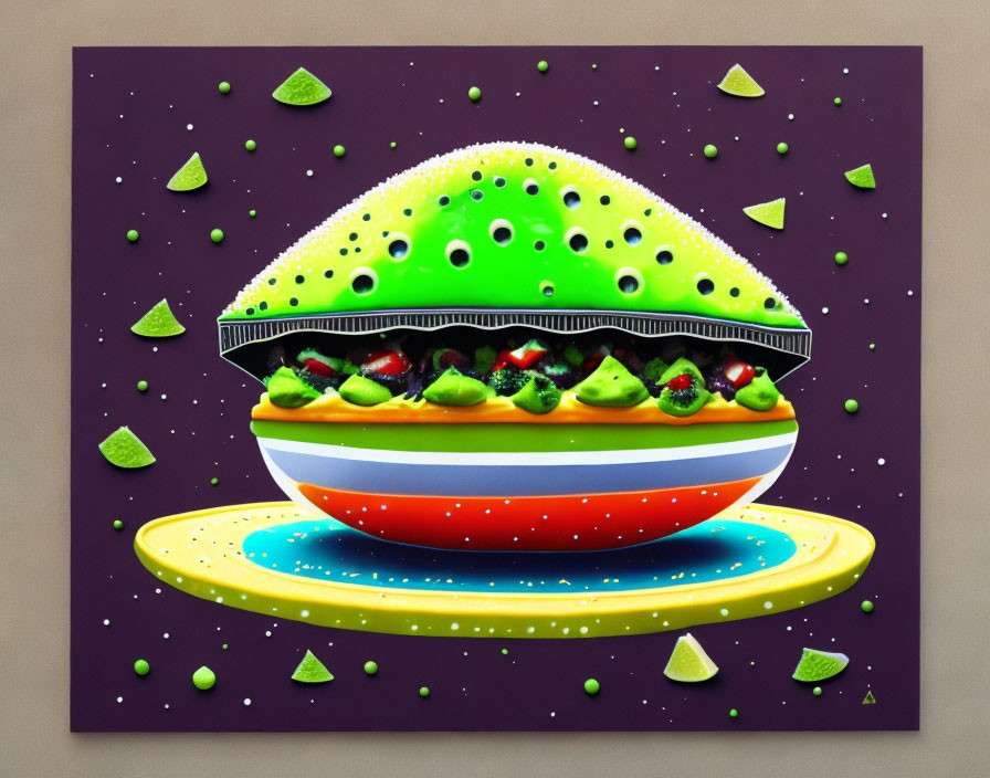 Vibrant painting of watermelon slice with fruits on colorful plate