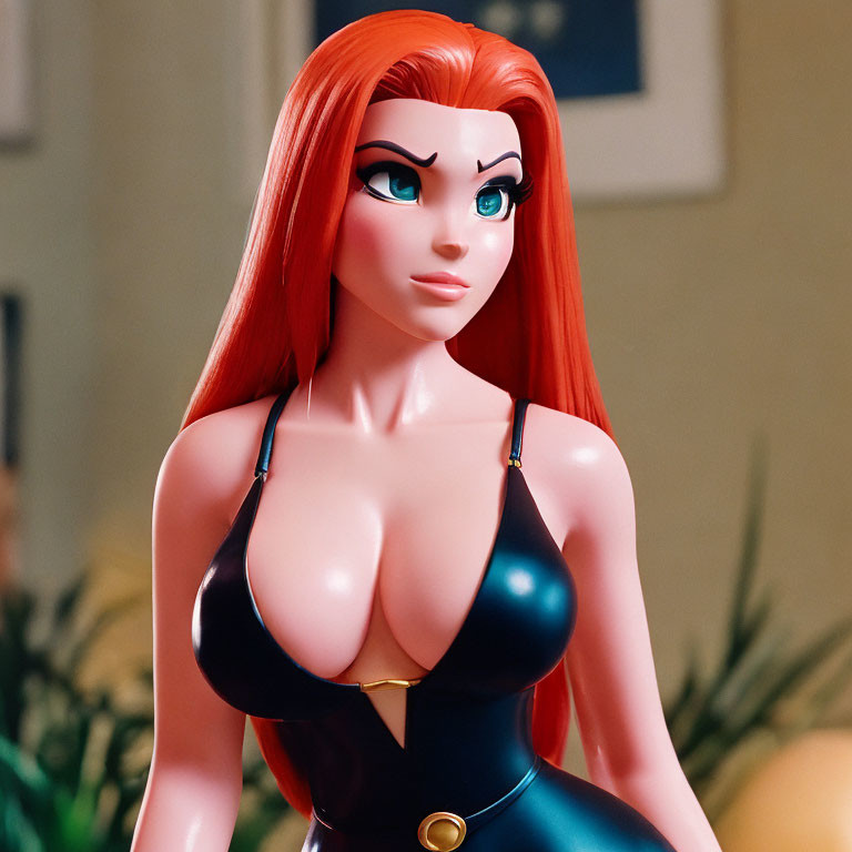 Red-haired figurine with green eyes in black outfit with gold details