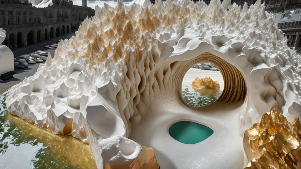 Futuristic Organic Form Architecture with White and Gold Surfaces by Water