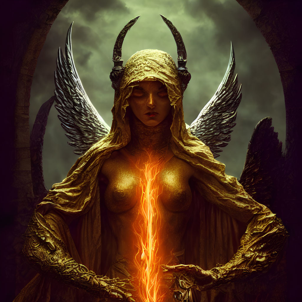 Mystical figure with horns and wings in torn garment emitting dark aura