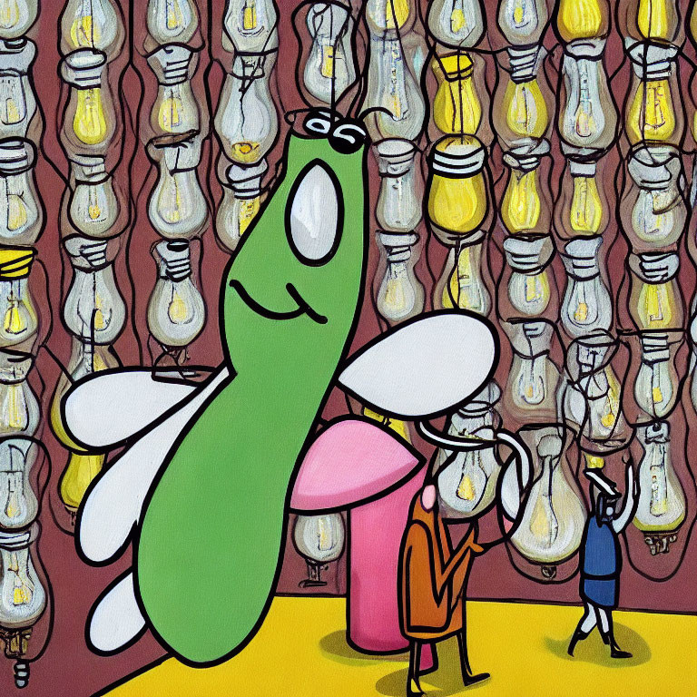 Giant Green Winged Creature in Room with Light Bulbs and Small Figures