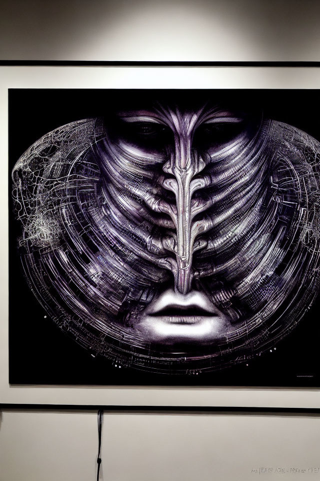 Black and White Futuristic Mask Artwork in Frame on Gallery Wall