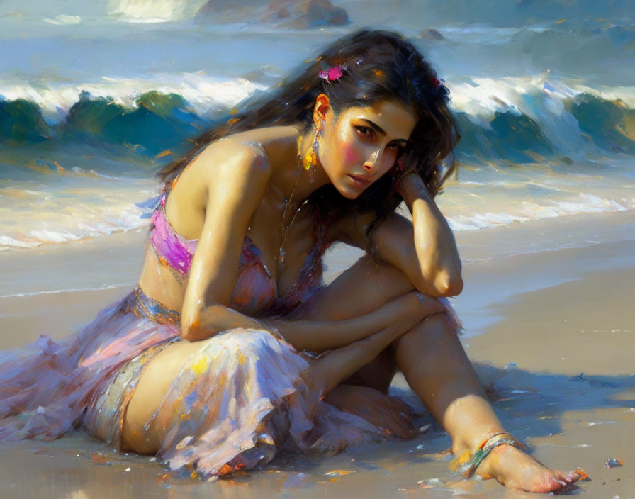 Woman in Pink Dress Beach Portrait with Thoughtful Gaze