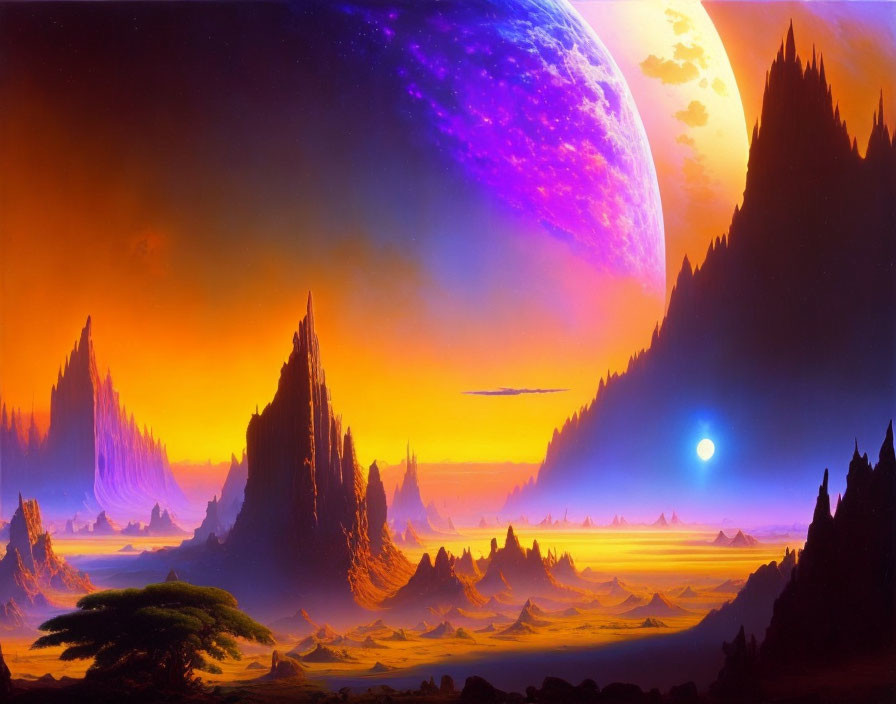 Colorful sci-fi scene: towering spires, orange sky, purple planet, bright moon, lone