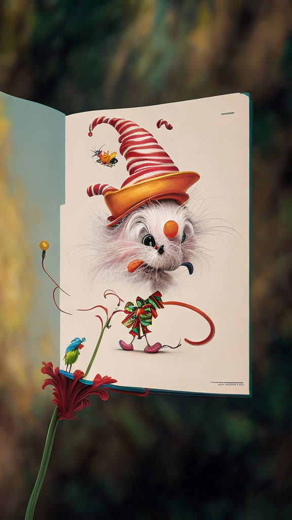 Whimsical Cat-Like Character in Striped Hat Popping Out of Book