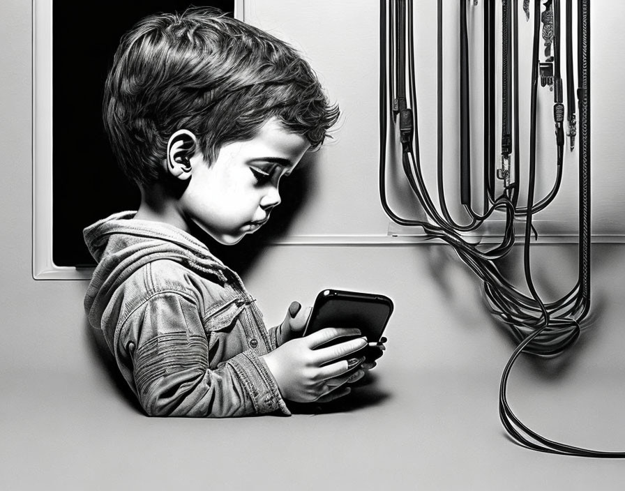 Monochrome illustration of child with smartphone by window