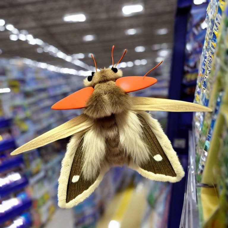 Large fluffy moth with exaggerated features flying in a supermarket aisle.