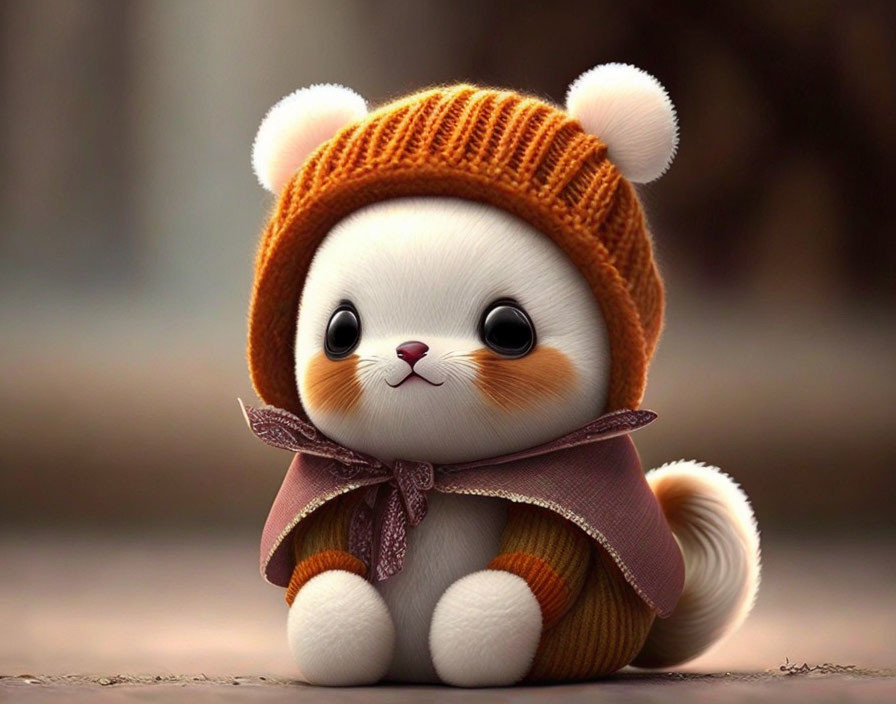 Adorable animated kitten in orange beanie and brown scarf