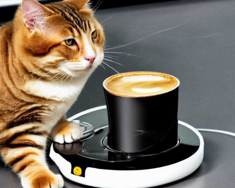 Striped cat sniffing coffee cup on robotic vacuum cleaner