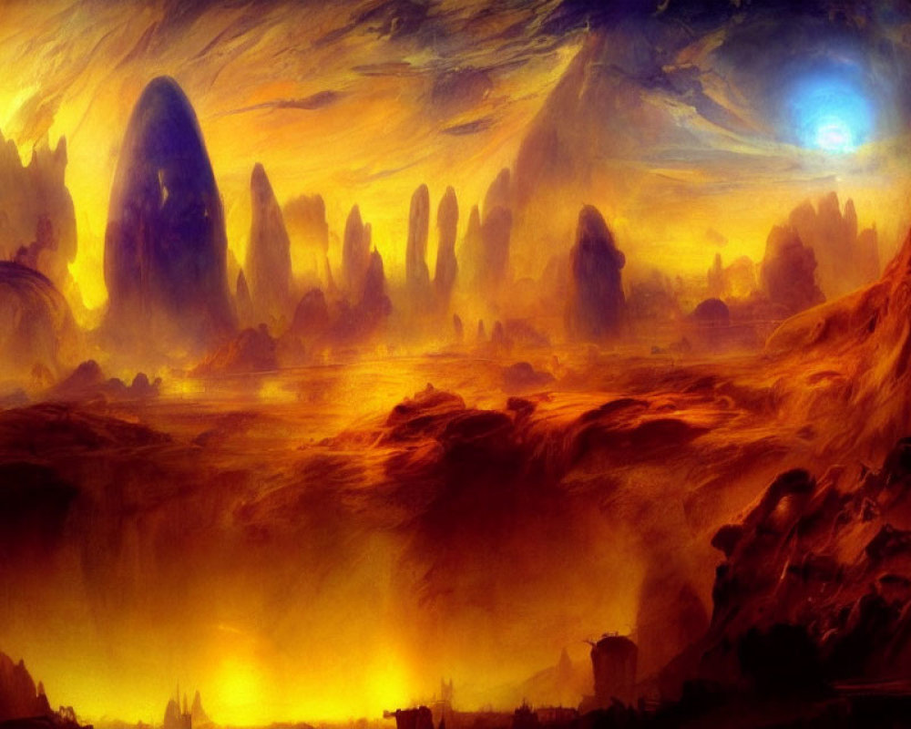 Majestic rock formations under an orange sky with a celestial object