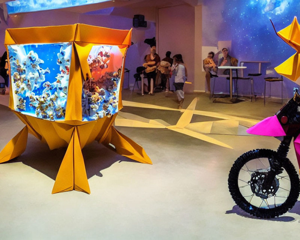 Vibrant exhibit with cubical aquarium, origami sculptures, and electronic contraption